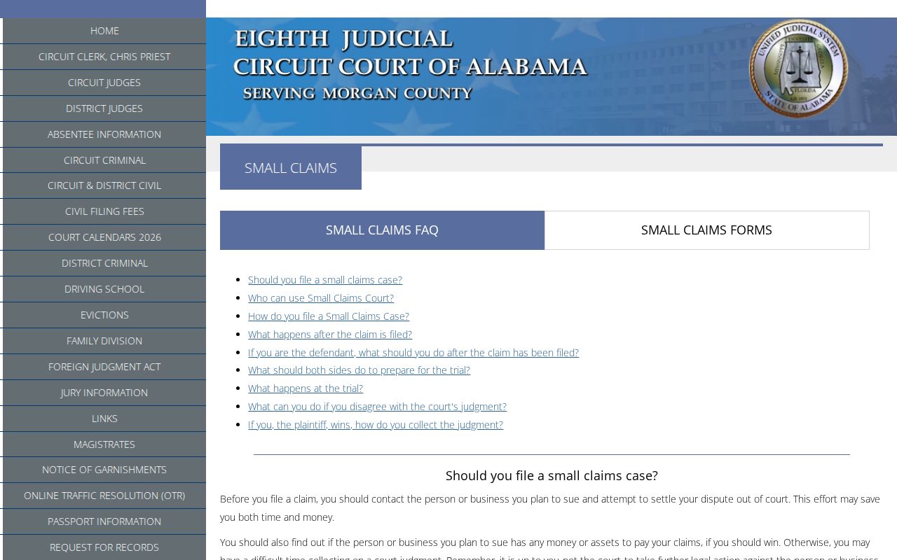 Morgan County civil docket Small Claims division page