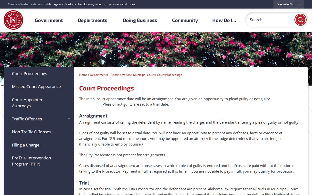 Hartselle court docket proceeding and arraignment instructions