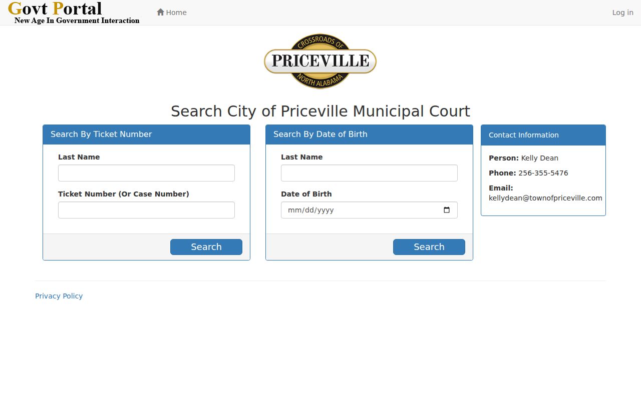 Priceville court docket ticket-number and case search portal